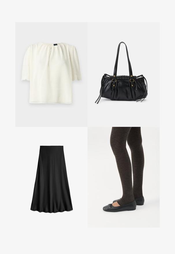 Blusa blanca de manga corta con escote fruncido y bordes de las mangas con bordado y acabado en ondas, mostrada sobre un fondo liso.; Falda negra de satén en línea A con textura suave y dobladillo fluido, hasta la rodilla, mostrada sobre un fondo blanco.; Piernas con leggings oscuros acanalados combinados con bailarinas negras que presentan pequeños detalles de lazo sobre un fondo blanco.; Bolso de mano de cuero negro con forma redondeada, asas dobles, acentos de hardware decorativo y detalles de lazo en los laterales. Textura lisa y brillante.
