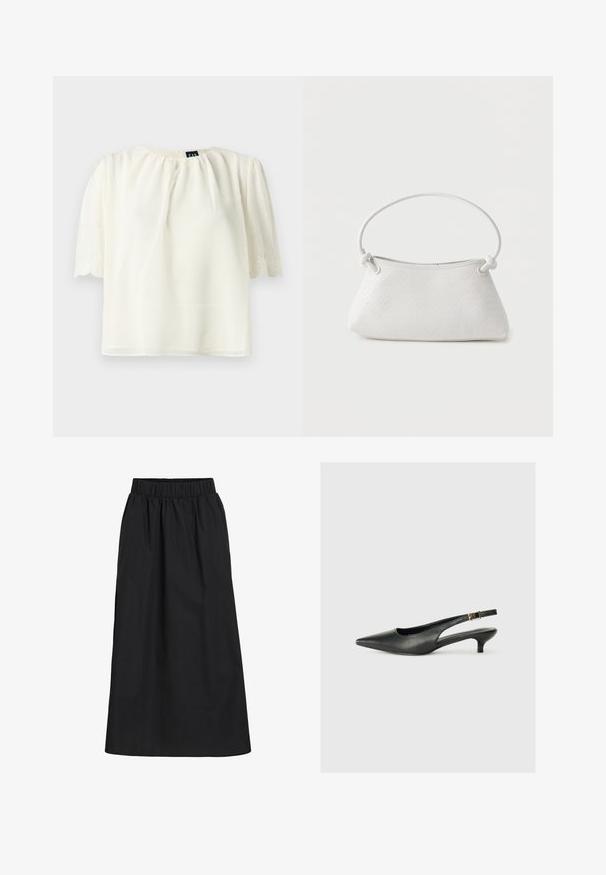 Blusa blanca de manga corta con escote fruncido y bordes de las mangas con bordado y acabado en ondas, mostrada sobre un fondo liso.; Falda negra, hasta las rodillas, hecha de tela suave y ligera. Cuenta con una cinturilla elástica y un diseño simple y fluido sin adornos.; Zapato de tacón slingback negro de punta afilada, hecho de cuero suave. Presenta un tacón delgado y un detalle de hebilla en la correa ajustable.; Bolso de mano de cuero blanco tejido con asa redondeada y extremos de la correa anudados, exhibido sobre un fondo liso.