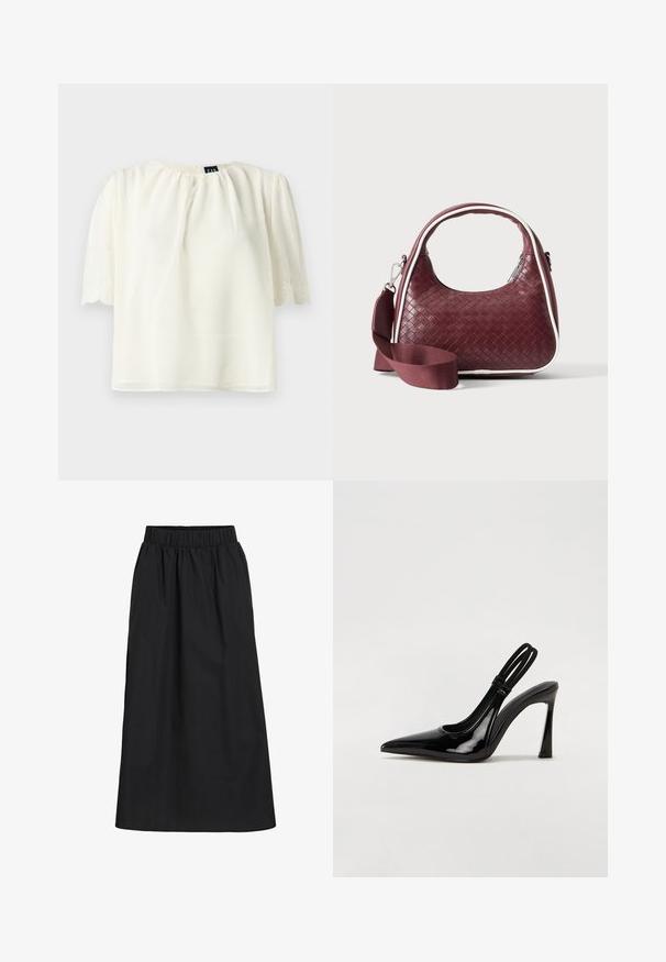 Blusa blanca de manga corta con escote fruncido y bordes de las mangas con bordado y acabado en ondas, mostrada sobre un fondo liso.; Falda negra, hasta las rodillas, hecha de tela suave y ligera. Cuenta con una cinturilla elástica y un diseño simple y fluido sin adornos.; Zapato de tacón con tirante en negro de charol, punta afilada, tacón alto y delgado, y doble tira elástica para un ajuste seguro. Superficie suave y brillante.; Bolso de mano de cuero tejido color granate con asa curva, ribete blanco, cremallera plateada y correa desmontable de tela ancha para el hombro sobre fondo liso.