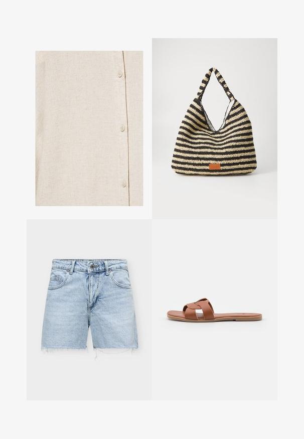 Chemise en lin beige clair avec texture de tissage visible et quatre petits boutons écrus fixés en ligne verticale.; Short en denim bleu clair avec ourlets effilochés, bouton à l'avant, fermeture éclair et poches avant et arrière.; Sandales plates marron en cuir lisse avec un design à brides croisées, dotées d'une semelle plate et d'un style minimaliste.; Sac tissé rayé en noir et beige, avec un design décontracté, une surface texturée et une petite pièce en cuir en accent.