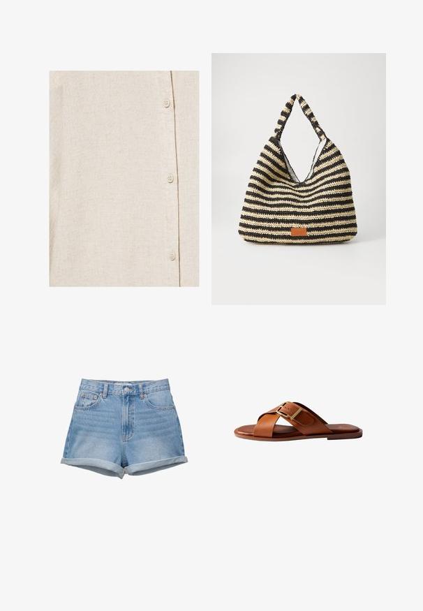 Chemise en lin beige clair avec texture de tissage visible et quatre petits boutons écrus fixés en ligne verticale.; Shorts en denim de lavage bleu clair, taille haute avec une fermeture à bouton, cinq poches et ourlets repliés. Texture lisse, design classique.; Sandale slide en cuir marron avec des brides croisées et une boucle dorée sur une semelle plate, vue de côté sur fond blanc.; Sac tissé rayé en noir et beige, avec un design décontracté, une surface texturée et une petite pièce en cuir en accent.