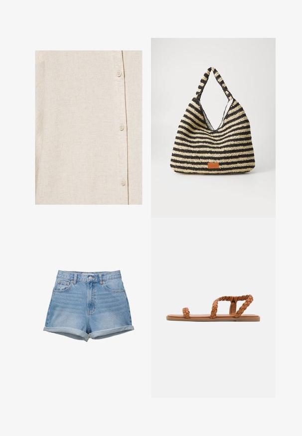 Chemise en lin beige clair avec texture de tissage visible et quatre petits boutons écrus fixés en ligne verticale.; Shorts en denim de lavage bleu clair, taille haute avec une fermeture à bouton, cinq poches et ourlets repliés. Texture lisse, design classique.; Anna Field by Zalando Sandales - cognac; Sac tissé rayé en noir et beige, avec un design décontracté, une surface texturée et une petite pièce en cuir en accent.