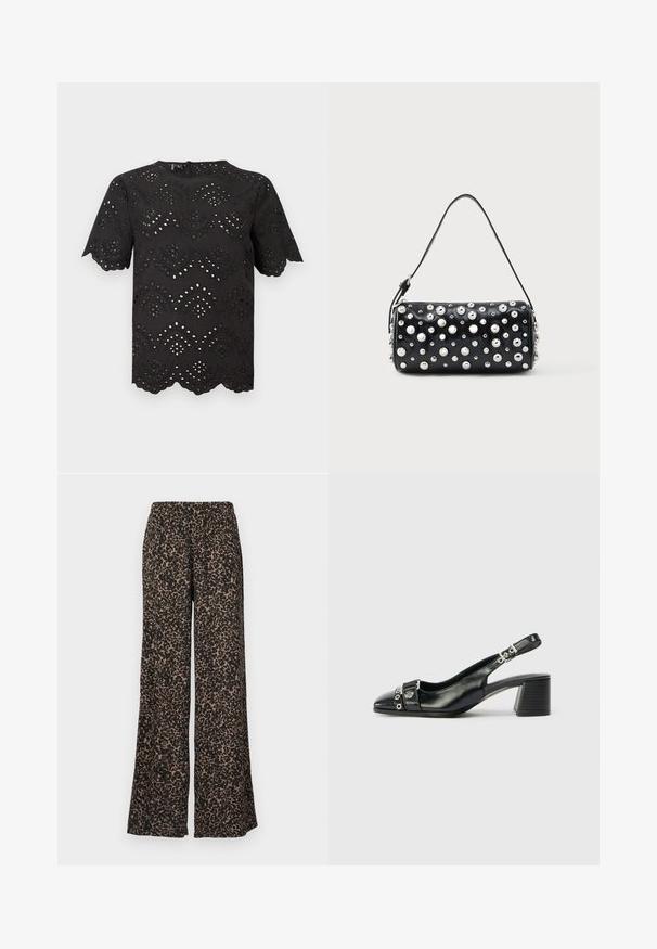 Sort bluse med korte ærmer med blomsterprint i hulmønster, bølgede kanter på ærmer og kant samt en rund halsudskæring.; Bukser med vide ben med leopardprint i jordfarver af brun og sort, lavet af et blødt, let stof med en elastisk talje.; Sorte læder slingback hæl med spids tå, tekstureret rem med cirkulære metalliske accenter, og en stablet blokhæl.; Sort læderhåndtaske med rund form, dekoreret med sølvnitter. Har en aftagelig rem og lynlås. Glat tekstur.