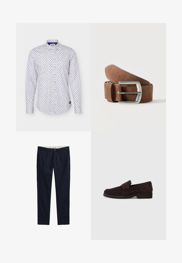 Chemise blanche à boutons avec motif floral géométrique bleu, manches longues et col standard.; Pantalon bleu marine à jambes droites avec poches latérales, passants de ceinture, fermeture à bouton et braguette zippée, présenté à plat sur fond blanc.; Mocassins en daim marron avec une silhouette basse et un embout arrondi. Présentent une sangle décorative sur le dessus, une semelle en caoutchouc plate et sans couture visible.; Ceinture en daim marron roulée avec une boucle rectangulaire en métal argenté sur un fond clair uni.