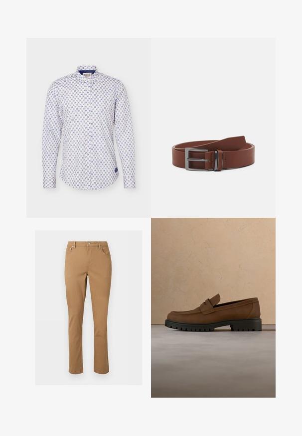 Chemise blanche à boutons avec motif floral géométrique bleu, manches longues et col standard.; Pantalon marron à jambes droites avec poches avant, passants ceinture, fermeture éclair et bouton sur un fond clair uni.; Mocassin en cuir marron foncé avec semelle épaisse en caoutchouc noir présenté au-dessus d’un tapis beige et d’un canapé en arrière-plan.; Ceinture en cuir marron avec une texture lisse, dotée d'une boucle en métal argenté et d'un design minimaliste. La ceinture a une extrémité arrondie et des coutures précises.