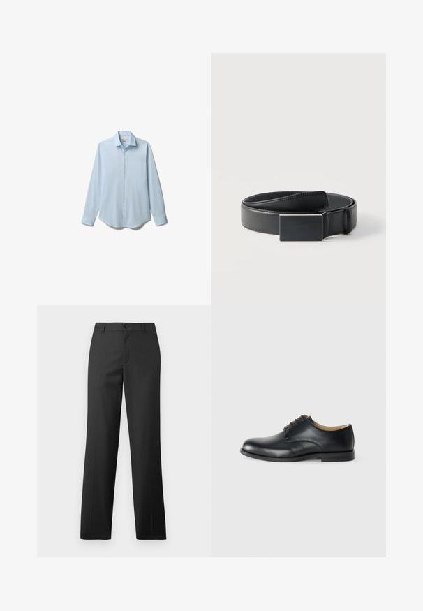 Lyseblå langærmet skjorte med knapper og spidst krave, vist fladt på en hvid baggrund.; Samsøe Samsøe SAJOHNNY TROUSERS - Bukser - turkish coffee; Calvin Klein ESS DERBY - Snøresko - triple black; Sort læderbælte, snoet med en rektangulær mat sort spænde og diskret præget logo på hvid baggrund.