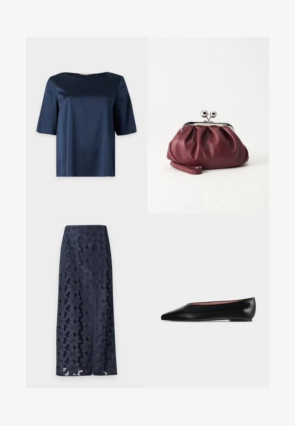 Blouse courte en satin bleu marine avec un col rond et une coupe ample, présentée sur un fond uni.; Jupe en dentelle bleu marine avec des motifs floraux, une coupe droite et une fente sur le côté pour faciliter les mouvements. Texture douce et détails complexes.; Chaussure plate en cuir noir pour femme, avec bout pointu et petit talon, vue de côté sur un fond gris clair uni.; Petit sac pochette en cuir bordeaux avec fermoir métallique argenté et bracelet sur fond blanc.