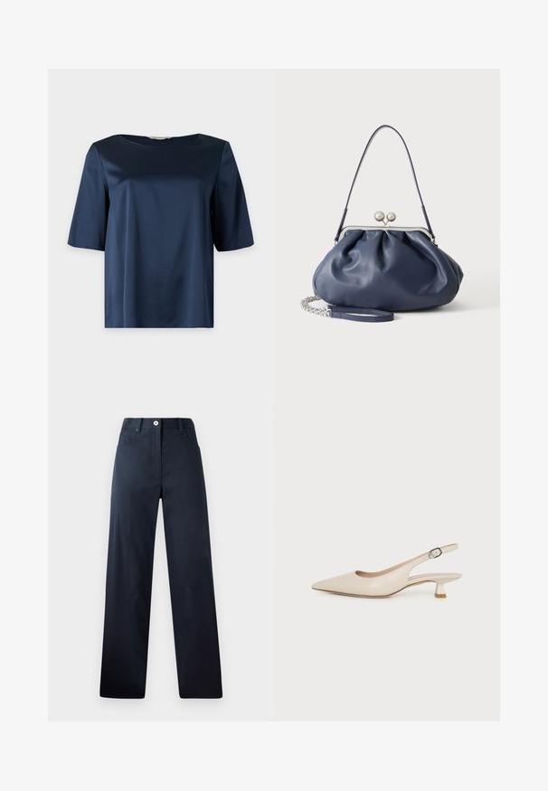Blouse courte en satin bleu marine avec un col rond et une coupe ample, présentée sur un fond uni.; Pantalon bleu marine foncé avec une coupe droite, fabriqué en tissu lisse. Comprend des poches avant, une fermeture à bouton et des détails de couture subtils.; Chaussure slingback beige à bout pointu avec un petit talon kitten et une boucle latérale réglable sur fond blanc uni.; Sac à main en cuir bleu marine doux avec fermeture à boucle argentée, une seule bandoulière, et une chaîne de poignet amovible sur fond blanc.
