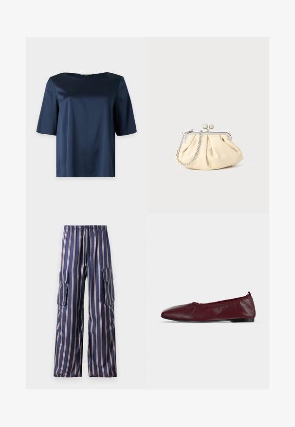 Blusa de satén azul marino de manga corta con escote redondo y un ajuste holgado, mostrada sobre un fondo liso.; Pantalones cargo de rayas marino, fabricados en un tejido suave, con cinturilla elástica, bolsillos laterales y diseño de pierna ancha con rayas contrastantes.; Bailarina plana de piel burdeos con borde superior elástico fruncido y suela negra fina sobre fondo blanco.; Clutch de cuero beige plisado con un marco de metal plateado, que cuenta con dos broches decorativos redondos y una correa de cadena plateada.