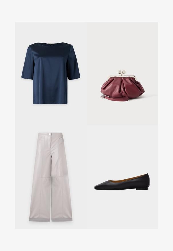 Blusa de satén azul marino de manga corta con escote redondo y un ajuste holgado, mostrada sobre un fondo liso.; Pantalones de pierna ancha en faux cuero gris claro, con cierre de botón en la parte frontal, dos bolsillos laterales y costuras decorativas para mayor textura.; Zapato plano de punta puntiaguda de cuero negro con tacón bajo y acabado liso, mostrado de perfil sobre un fondo gris claro.; Pequeño bolso de mano de cuero burdeos con cierre metálico plateado y correa de muñeca sobre fondo blanco.