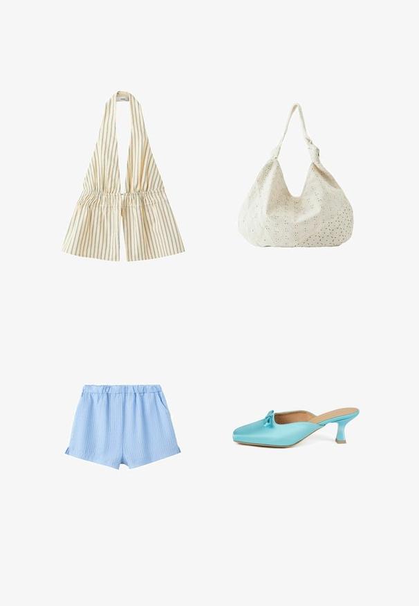 Haut beige à col halter avec fines rayures verticales vertes et taille élastique froncée.; Shorts bleu clair à taille élastique avec des rayures blanches verticales et poches latérales.; Mules satin aqua avec un bout carré, détail de nœud accentué et un petit talon épais. Texture lisse et design minimaliste.; Sac à épaule en tissu couleur crème avec broderie florale à œillets et une seule bandoulière souple.