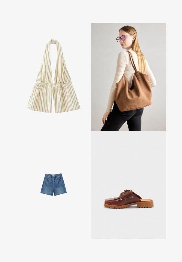 Haut beige à col halter avec fines rayures verticales vertes et taille élastique froncée.; Shorts en denim de lavage bleu moyen, avec un design classique à cinq poches, passants de ceinture, et fermeture éclair avec bouton.; Chaussure en cuir marron à enfiler au style mocassin, avec des lacets décoratifs, des œillets dorés et une semelle en caoutchouc texturé.; Sac fourre-tout en daim marron avec une texture douce, grande ouverture et longues sangles. Présente un design simple avec des coutures visibles et sans matériel.