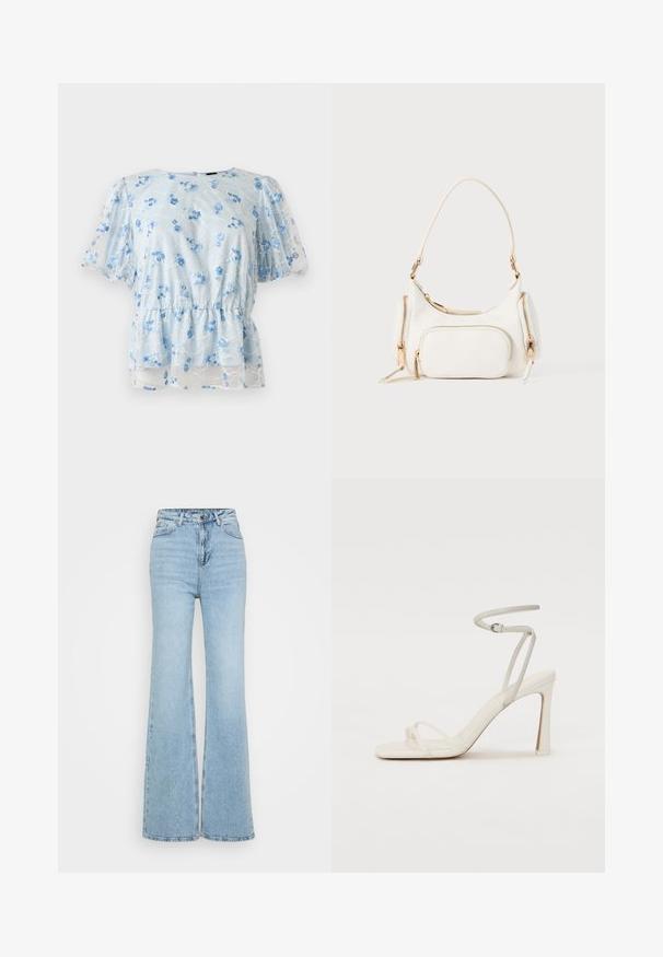 Lyseblå bluse med korte ærmer i gennemsigtigt stof, elastisk talje og broderede små blå blomster spredt over materialet.; Lyseblå vide jeans lavet af denim, med høj talje, fem-lomme design og en rå kant forneden. Teksturen er let slidt.; Hvide hælede sandaler med en slank ankelrem og to forreste remme. Glat lædertekstur med en firkantet tå og en blank hæl.; Hvid håndtaske med en kort skulderrem, tekstureret overflade, flere lynlåslommer og detaljer i guldfarvet metal. Kompakt og moderne design.