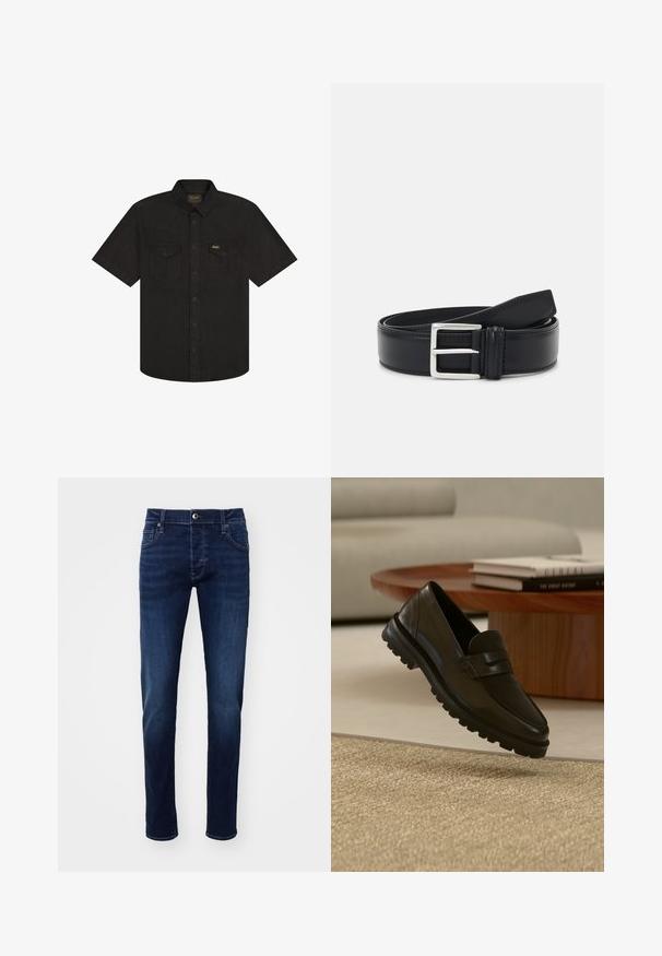 Schwarzes, kurzärmliges Hemd mit Knopfleiste, zwei aufgesetzten Brusttaschen mit Klappen und Kragen, versehen mit kleinen Markenetiketten auf der Tasche und an der Innenseite des Kragens.; Dunkelblaue Slim-Fit Denim-Jeans mit Knopf vorne, Taschen, Gürtelschlaufen und dezenten Ausbleichungen an den Beinen.; Schwarzer Lederloafer mit grober Profilsohle, der über einem strukturierten beigen Teppich, einem runden Holztisch und gestapelten Büchern im Hintergrund schwebt.; Schwarzer Ledergürtel mit einer silbernen Schnalle, flaches Design, glatte Textur und kontrastierende Nähte entlang der Kante.