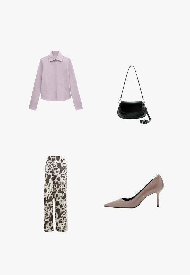 Chemise à manches longues de couleur violet clair avec col et patte de boutonnage dissimulée ainsi que larges poignets, présentée sur un fond blanc.; adidas Originals COW PRINT SATIN WIDE LEG - Pantalon de survêtement - multicolor off white; Escarpin beige brillant en cuir verni, à bout pointu et talon stiletto fin de hauteur moyenne, présenté de profil.; Sac à épaule en cuir noir avec fermeture à rabat, bandoulière longue amovible enroulée à la base, et ferrures en métal argenté sur fond blanc.