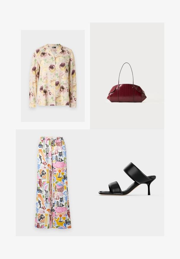 Chemise à manches longues boutonnée avec un motif floral pastel jaune, rose et violet et une poche poitrine gauche.; Pantalon à jambes larges en tissu léger, présentant un motif coloré et dessiné à la main avec divers motifs sur un fond blanc. Taille élastique.; Sandale mule en cuir noir avec deux larges brides et un talon stiletto fin de hauteur moyenne sur un fond clair uni.; Sac à main en cuir texturé rouge profond avec une longue sangle fine, un dessus incurvé et des extrémités arrondies sur un fond clair uni.
