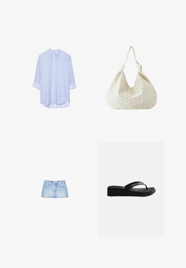 Chemise boutonnée à manches longues avec rayures verticales bleu et blanc, col pointu et poignets retroussés, suspendue sur un fond blanc.; Mini-jupe en denim bleu clair, avec une coupe droite, cinq poches et une fermeture à bouton sur le devant avec passants de ceinture. Texture lisse.; Sandale tongs compensée noire avec semelle texturée et fines lanières arborant un logo discret sur un fond blanc uni.; Sac à épaule en tissu couleur crème avec broderie florale à œillets et une seule bandoulière souple.