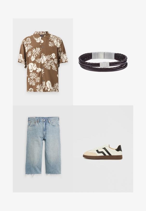 Braunes Kurzarmhemd mit Knöpfen, cremefarbenem tropischem Blumenmuster und einem Hemdkragen.; Hellblaue Denim-Shorts mit geradem Schnitt, fransigem Saum, fünf Taschen und Knopfverschluss an der Taille.; Weißer Ledersneaker mit schwarzen Streifen und hellbraunem Wildleder-Zehenkappe. Gummisohle in Dunkelbraun. Schnürsenkel und gepolsterter Kragen vervollständigen das Design.; Braunes Lederarmband mit zwei miteinander verflochtenen Strängen, einem flachen und einem geflochtenen, mit einem silbernen Verschluss und einem dekorativen Metallelement.