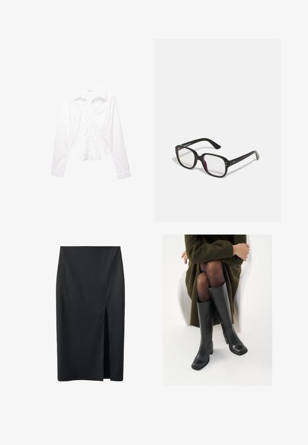 Chemise blanche à manches longues avec col, coupe slim, boutons sur le devant et poignets, présentée à plat sur un fond blanc.; Jupe crayon noire longueur genou avec une fente centrale à l'avant, en tissu lisse, conçue pour une silhouette ajustée.; Bottes en cuir noires arrivant au genou, avec un bout carré et un talon carré, présentées sur un modèle assis dans un manteau vert olive. Texture lisse, détails minimaux.; Lunettes noires rectangulaires avec des verres transparents, présentant des bords arrondis et des accents sur les côtés, avec une finition brillante sur la monture et les branches.