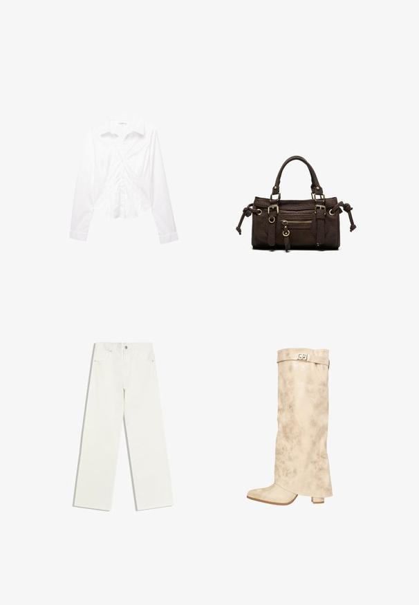 Langærmet hvid skjorte med krave, slim fit og manchetter, lagt fladt ud på en hvid baggrund.; Hvide jeans med højt liv og lige ben, med forlommer og knaplukning på hvid baggrund.; Knæhøj creme syntetisk læderstøvle med en subtil glans, tekstureret overflade, blokhæl og en rem med en metallisk spænde øverst.; Mørkebrun læderhåndtaske med dobbelte håndtag, forreste lynlåslomme, dekorative spænder og sideknuder på hvid baggrund.