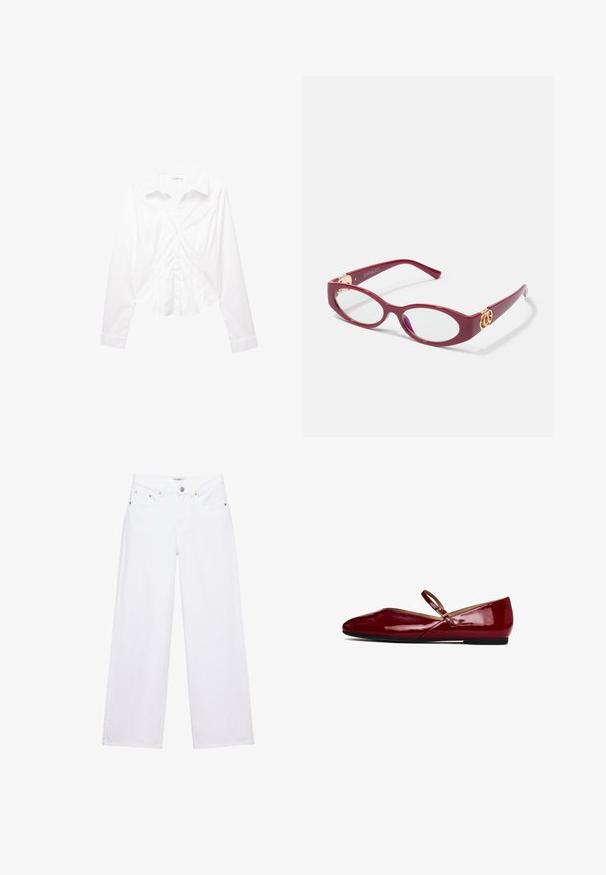 Witte blouse met lange mouwen, knoopsluiting, kraag, slim fit en manchetten, plat liggend op een witte achtergrond weergegeven.; Witte jeans met hoge taille en wijde pijpen, voorzien van knoop- en ritssluiting, voor- en achterzakken, en zilverkleurige klinknageldetails.; Rode gepatenteerde leren balletschoenen met een ronde neus, een dunne band over de wreef en een vlakke zwarte zool. Gladde textuur en strakke afwerking.; Rode plastic ovale monturen met heldere glazen. Bevat gouden hardware accenten op de pootjes en een slank modern ontwerp.