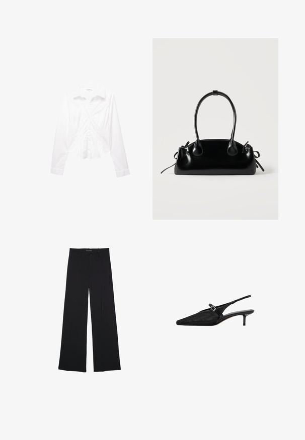 Witte blouse met lange mouwen, knoopsluiting, kraag, slim fit en manchetten, plat liggend op een witte achtergrond weergegeven.; Zwarte broek met wijde pijpen, voorzien van ceintuurlussen, een knoopsluiting aan de voorkant en een rits, plat gelegd op een witte achtergrond.; Zwarte slingback hakken met puntige neuzen, een gestructureerde mesh bovenkant, slanke verstelbare band met zilveren gesp en 5 cm stiletto hakken.; Kleine zwarte glanzende handtas met twee lange hengsels en zijkant trekkoord details op een effen lichte achtergrond.