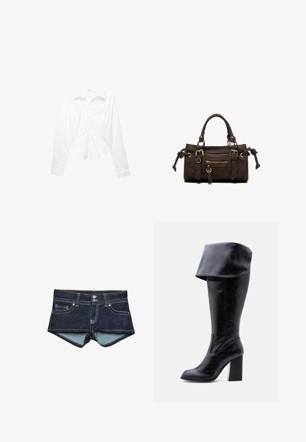Langærmet hvid skjorte med krave, slim fit og manchetter, lagt fladt ud på en hvid baggrund.; Denim shorts i mørkeblå med lyseblå indvendig foring, med forlommer, to knapper og kontrastsyning på taljen.; Høj sort læderstøvle med hæl, foldet kant og rund tå, stående oprejst på en hvid baggrund.; Mørkebrun læderhåndtaske med dobbelte håndtag, forreste lynlåslomme, dekorative spænder og sideknuder på hvid baggrund.