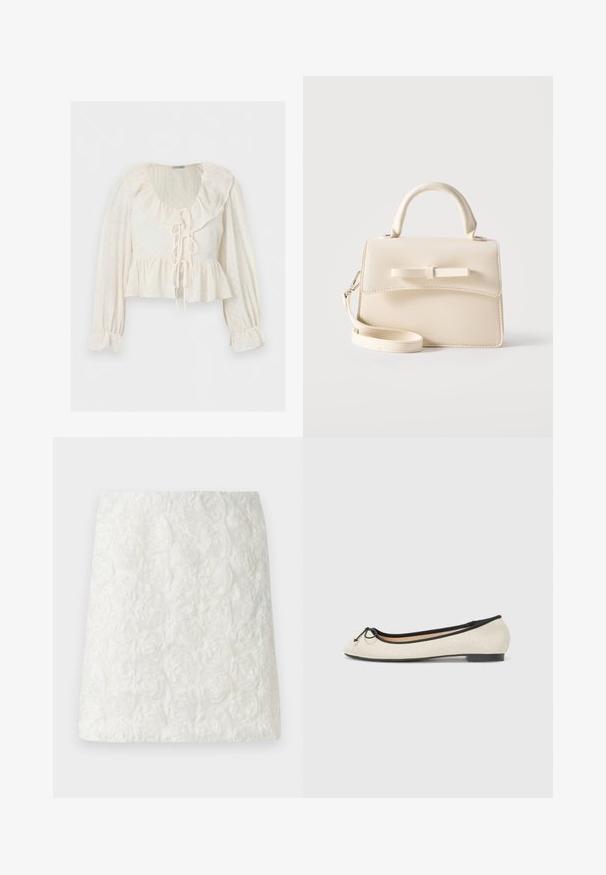 Blusa crema de manga larga con cuello y puños fruncidos, cierres delanteros con lazos, patrón de puntos texturizado y dobladillo con volante.; Mini falda blanca con superficie texturizada y patrones florales en relieve que se asemejan a rosas, hecha de tela ligera.; Bailarinas en un tejido beige con un ribete negro. Presentan una punta redondeada y un pequeño lazo en la parte delantera. Suela de bajo perfil.; Pequeño bolso beige con asa superior, correa desmontable, solapa frontal y lazo decorativo horizontal sobre un fondo liso.