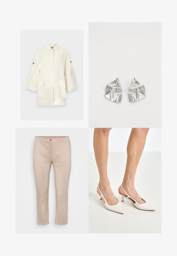 Crèmewitte linnen jas met lange mouwen, een kraag met knopen, klepzakken aan de voorkant en knoopmanchetten, tegen een effen achtergrond.; Beige linnen cropped broeken met een vlakke voorkant, knoopsluiting en elastische taille. Gladde textuur met minimale naden en geen zakken.; Beige gepatineerde leren slingback hakken met een spitze neus en een hak van 5 cm, met uitsparingen aan de zijkanten en een dunne enkelband.; Zilveren metalen oorbellen met een golvend, sculpturaal ontwerp, voorzien van een gepolijste afwerking en onregelmatige vormen, die een hedendaagse esthetiek benadrukken.