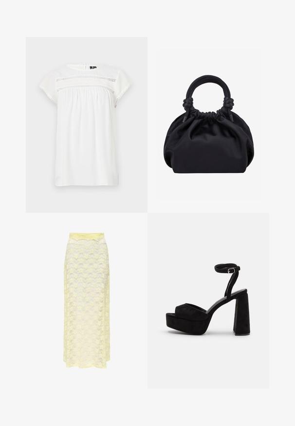 Hvid bluse med korte ærmer, rund halsudskæring, detajleret design og dekorativt blonderoverflade foran, med bølget kant.; Gul blonde maxiskørt med et bølget mønster, der har en glat talje og blød, gennemsigtig struktur. Designet til en let og svajende silhuet.; Sorte platform sandaler med ruskindsstruktur, bred forstrap, ankelrem med spænde og kraftig blokhæl. Elegant og moderne design.; Sort blød stofhåndtaske med samlet top og afrundede håndtag knyttet ved bunden mod en ensartet lys baggrund.
