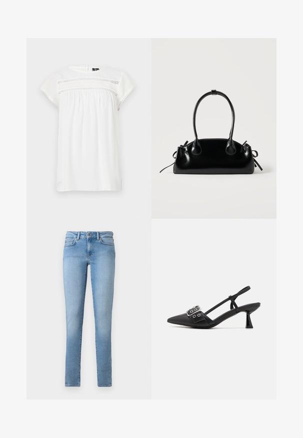 Witte blouse met korte mouwen, met een ronde hals, een geplooid ontwerp en decoratieve kantdetails aan de voorkant, met een gegolfde zoom.; Lichtblauwe denim jeans met een rechte pijpdesign, vijf zakken en een sluiting met een knoop aan de voorkant. Gladde textuur met een vervaagde afwerking.; Simmi London DALA - Klassieke pumps - black; Kleine zwarte glanzende handtas met twee lange hengsels en zijkant trekkoord details op een effen lichte achtergrond.