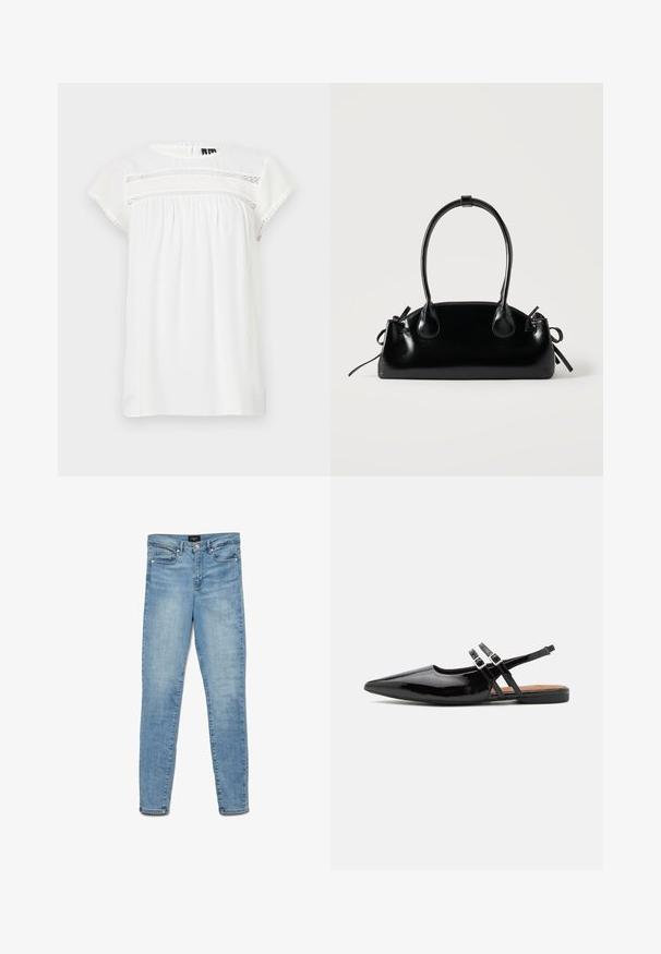 Witte blouse met korte mouwen, met een ronde hals, een geplooid ontwerp en decoratieve kantdetails aan de voorkant, met een gegolfde zoom.; Lichtblauwe vervaagde skinny jeans met een knoopsluiting aan de voorkant en vijf zakken, plat gelegd op een witte achtergrond.; Zwarte gepatineerde leren slingback schoenen hebben een spitse neus, twee banden met gespsieraden en een platte zool.; Kleine zwarte glanzende handtas met twee lange hengsels en zijkant trekkoord details op een effen lichte achtergrond.