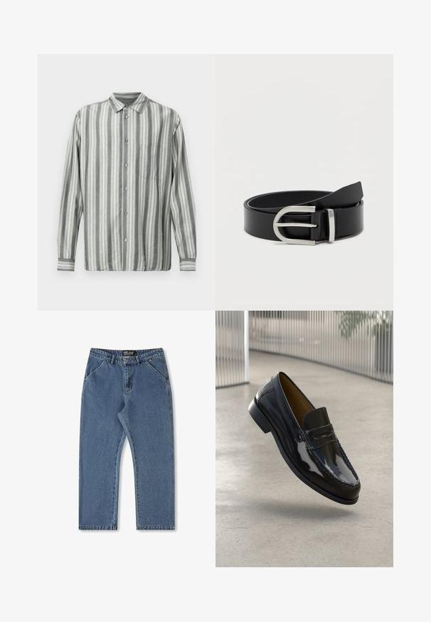 Stripet skjorte med knapper i grå og creme, med krave, lange ærmer og brystlomme. Blødt stof med glat tekstur.; Blå denimjeans med lige ben, medium talje og klassisk fem-lommer stil. Har subtil falming og syede detaljer.; Sorte patentlæder loafer med en syet detalje, rund tå, lav hæl og glat overflade, præsenteret mod en neutral baggrund.; Sort læderbælte med en glat overflade, der har en sølvmetalklausul og en klassisk rektangulær form.