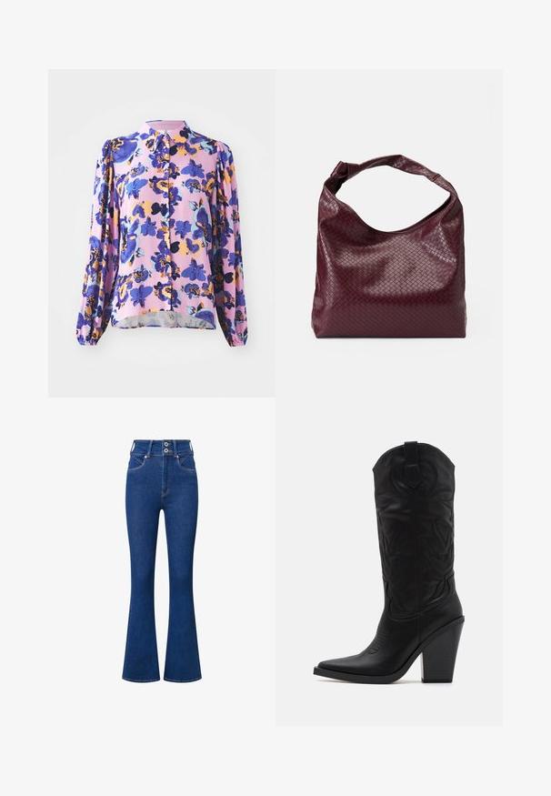 Blomstret bluse med en lys pink baggrund og store blå og gule blomster, lange ærmer, knaplukning foran og en rund kant.; Højtaljede flared jeans i mørkeblåt denim. Har to-knaps lukning, forlommer og subtile syninger langs sømme.; Simmi London DANIQUE - Højhælede støvler - black; Burgunderfarvet taske med et tekstureret, vævet mønster, blødt lædermateriale og et enkelt, knyttet håndtag. Rummeligt, hobo-stil design.