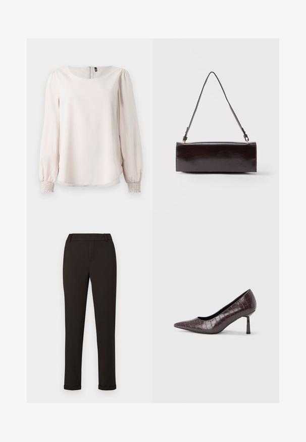 Blouse longue à manches en rose clair, avec un col rond, des poignets smockés et une fermeture éclair au dos. Fabriquée en tissu doux et lisse.; Pantalon slim noir avec passants de ceinture et poignets sur fond blanc uni.; Escarpins à bout pointu en similicuir marron avec une texture crocodile, dotés d’un talon fin et angulaire ainsi que d’une doublure intérieure lisse.; Sac à main rectangulaire en cuir noir avec une longue bandoulière unique et une finition brillante, présenté sur un fond blanc uni.