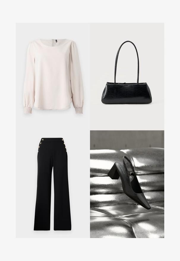 Blusa de manga larga de color rosa claro, con escote redondo, puños fruncidos y cremallera en la parte posterior. Fabricada con una tela suave y lisa.; Pantalones de pierna ancha de talle alto en negro con botones dorados en la parte delantera y bolsillos en ambas caderas sobre un fondo blanco.; Tacón destalonado negro con punta en forma de pico, con superficie texturizada y tacón ancho y grueso. Colocado sobre un fondo metálico brillante.; Bolso de hombro rectangular negro con correas largas y delgadas y una textura lisa y brillante sobre un fondo liso.