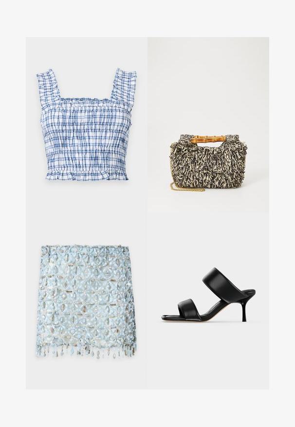 Haut court à carreaux bleu et blanc avec bretelles volantées, corsage smocké et ourlet à froufrous, posé à plat sur un fond clair.; Mini-jupe bleu clair perlée avec des embellissements en perles et coquillages formant un motif floral et des détails de perles pendantes à l'ourlet.; Sandale mule en cuir noir avec deux larges brides et un talon stiletto fin de hauteur moyenne sur un fond clair uni.; Sac tissé avec un motif texturé noir et crème, une poignée en bambou et une bandoulière en chaîne dorée amovible. Forme rectangulaire compacte.