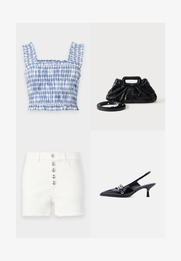 Haut court à carreaux bleu et blanc avec bretelles volantées, corsage smocké et ourlet à froufrous, posé à plat sur un fond clair.; Shorts en denim blanc avec cinq boutons argentés sur le devant et des ourlets effilochés, dotés de poches avant et de passants pour ceinture.; Chaussure à talon bas en cuir verni noir avec bride arrière, bout pointu et détail boucle argentée sur fond blanc uni.; Petit sac à main en cuir noir avec texture froncée, poignée rectangulaire et fine bandoulière amovible placée à côté.