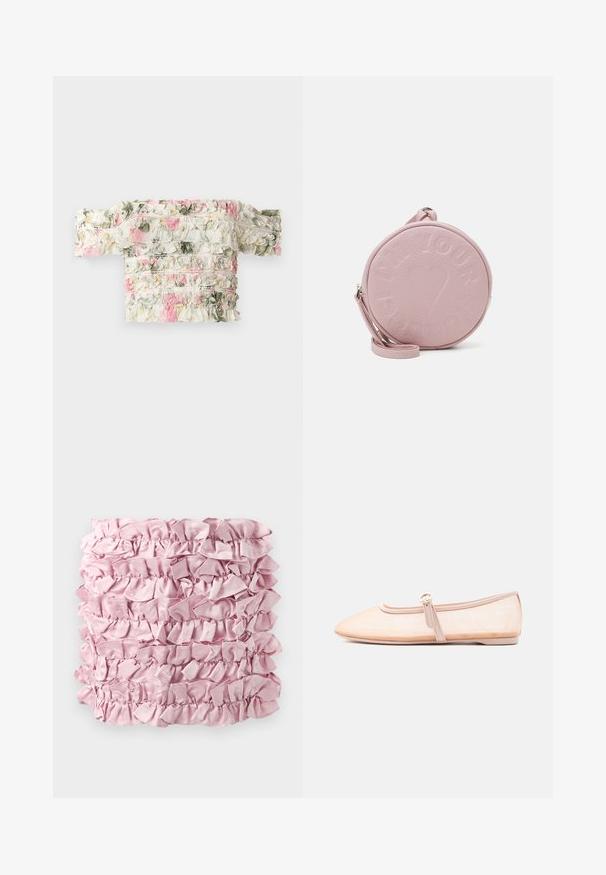 Haut floral décolleté en blanc avec des motifs froncés roses et verts. Fabriqué en tissu légèrement élastique pour un look ajusté.; Tissu froncé rose présentant plusieurs couches d'une texture douce et satinée avec des bords froncés. Forme rectangulaire avec une couleur riche et uniforme.; Chaussure plate beige clair avec un bout pointu et une bride latérale avec boucle, présentée sur un fond blanc uni.; Sac en cuir rose rond avec texte embossé et motif de cœur, doté d'une bandoulière amovible et d'une texture lisse.