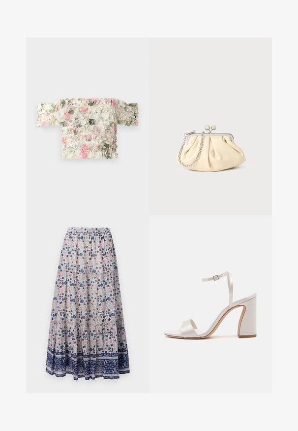 Bloemrijke off-shoulder top in wit met roze en groene ruches. Beschikt over een licht elastische stof voor een aansluitende look.; Florale maxi rok met een grijze achtergrond, versierd met roze en blauwe bloemen, gelaagd ontwerp en een marineblauwe patroonrand. Elastische tailleband.; Witte sandalen met hakken, satijnen afwerking, open teen en dunne enkelband. Bevat een blokhak en dubbele voorkantbanden voor ondersteuning.; Geplooide beige leren clutch met een zilveren metalen frame, voorzien van twee ronde decoratieve sluitingen en een zilveren kettingriem.