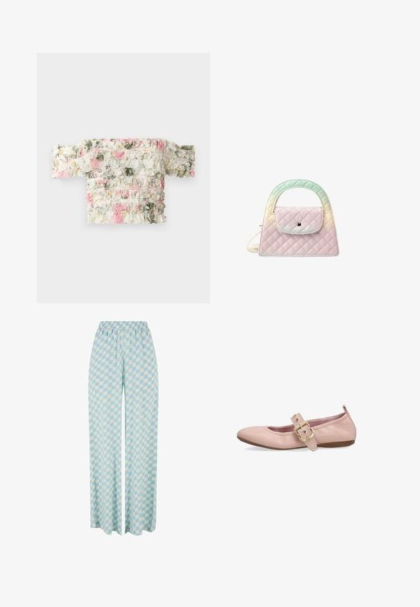 Blomsterbluse med bare skulder i hvid med rosa og grønne flæser. Har slightly elastisk stof for et tætsiddende look.; Lysblå vide bukser med ternet mønster i skiftende nuancer og elastisk talje for komfort.; Lyserød læder flatsko med rundet tå, dekorativ rem og stor guldbeklædt spænde, lav hæl og trækkestrop ved hælkanten.; Lille pastelfarvet lyserød quiltet håndtaske med rundet top-håndtag, frontklaplomme og aftagelig skulderrem på hvid baggrund.