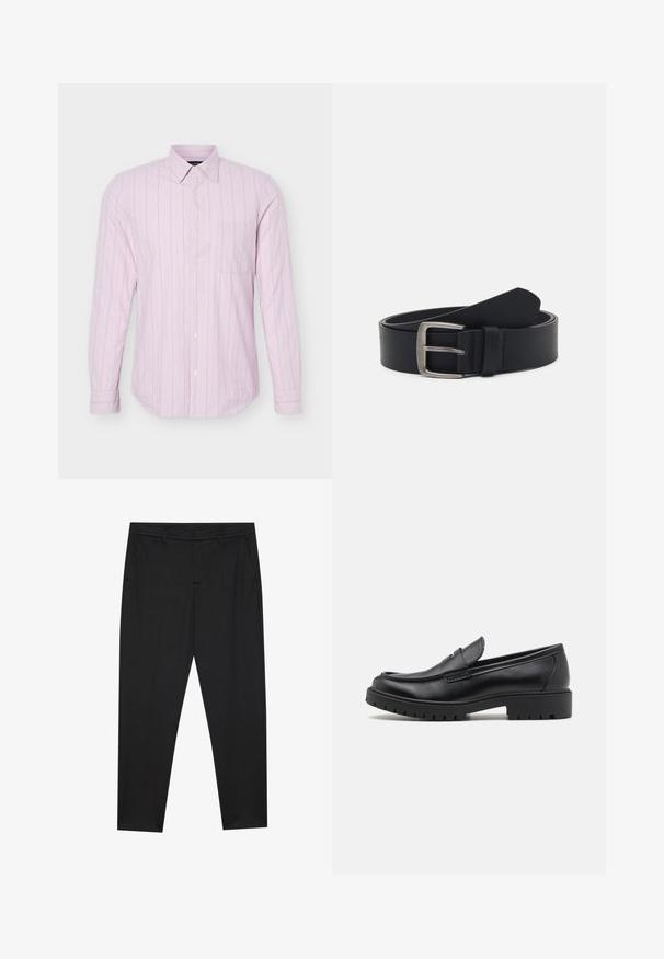 Light pink long-sleeve button-up shirt with thin vertical white stripes and a single chest pocket, displayed on a white background.; Pier One by Zalando PUNTO TAILORED PANTS - Chinos - black; Black leather loafers with a rounded toe, slip-on design, and thick rubber sole featuring a textured grip. Elevated heel and subtle stitching details.; Black leather belt with a silver metal buckle, featuring a smooth finish and a classic design. The belt is rolled with the end pointed.