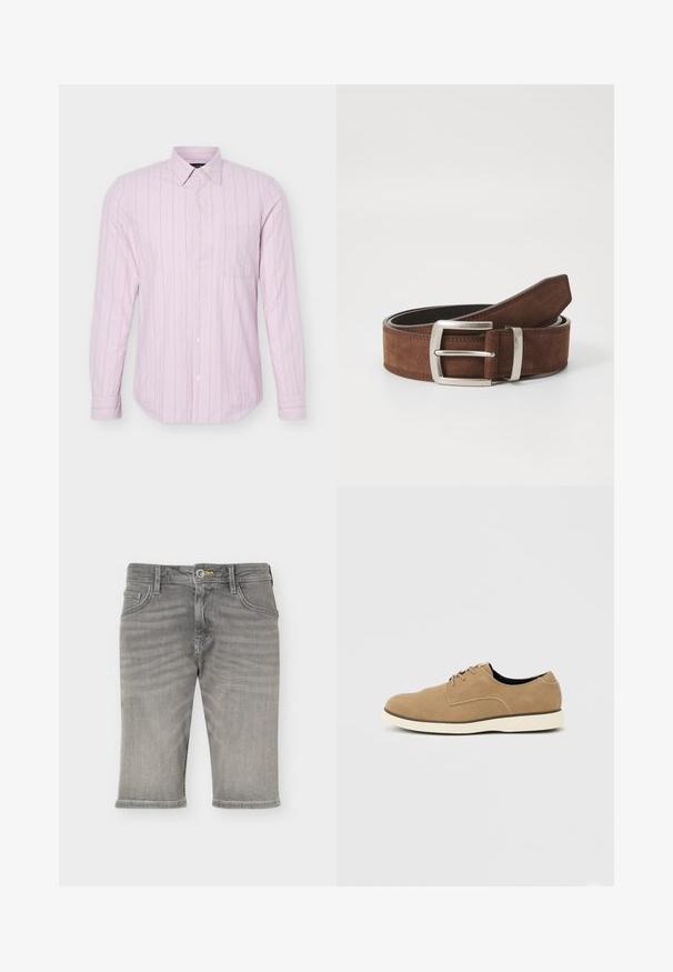 Chemise rose clair à manches longues avec fines rayures verticales blanches et une poche poitrine unique, présentée sur un fond blanc.; Short en jean gris longueur genou avec fermeture bouton et zip, poches avant et arrière, et passants de ceinture.; Chaussure à lacets en daim marron clair avec semelle blanche et coupe basse à la cheville, vue de profil sur un fond neutre.; Ceinture en suède marron avec une boucle en métal argenté et des détails de coutures linéaires. La ceinture est plate et a une largeur et une forme classiques.