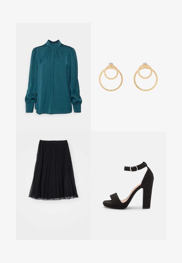 Anna Field by Zalando Blusa - green; Falda plisada negra de tela transparente, con cintura elástica. Su diseño fluido se extiende hasta la mitad de la pantorrilla, mostrando pliegues verticales.; Anna Field by Zalando Sandalias - black; Pendientes de aro en tono dorado que presentan dos círculos entrelazados con un acabado texturizado. Diseñados con un respaldo liso y seguro.