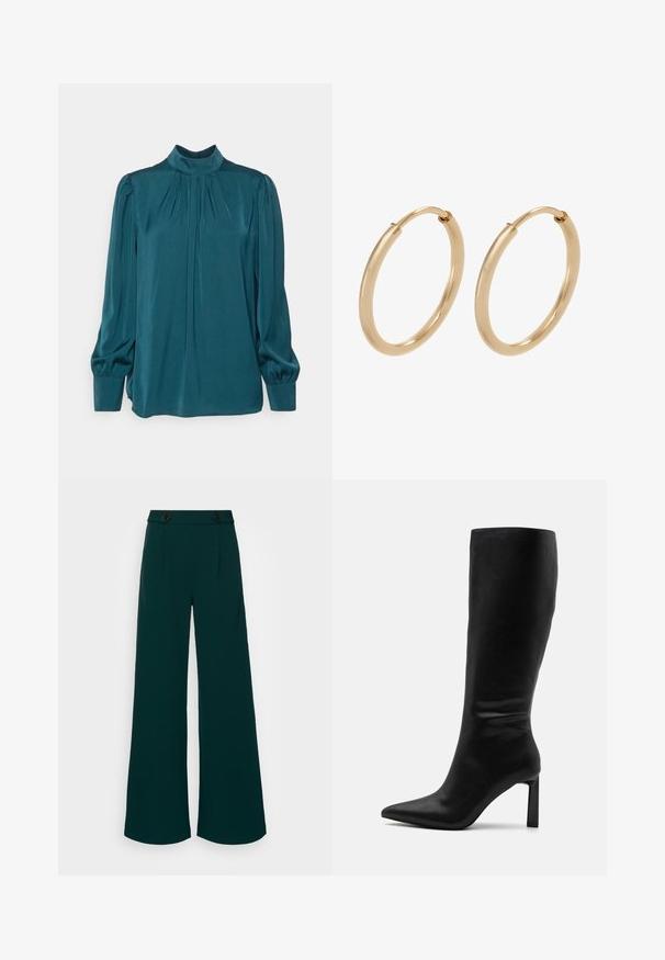 Anna Field Blouse - green; Wijdbenige broek in donkerblauwe stof, met een hoge taille en dubbele knoopsluiting, scherpe plooien en een gladde, gestructureerde textuur.; Even&Odd Laarzen - black; Gouden creolen met een gladde, gepolijste afwerking. Ronde vorm, middelgrote maat, met een veilige sluitmechanisme.