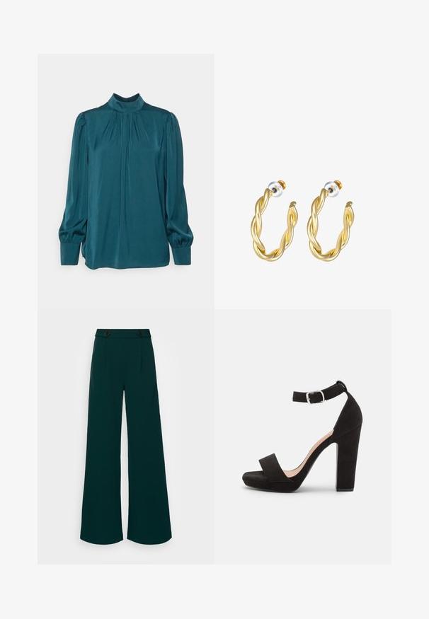Anna Field by Zalando Blúzka - green; Široké nohavice v tmavozelenej látke, s vysokým pásom a dvojitým zapínaním na gombíky, ostrými záhybmi a hladkou, pevnú textúrou.; Anna Field by Zalando Sandále - black; Zlaté skrútené náušnice s hladkým povrchom, ktoré majú priehľadný podklad a zlatý hardware.