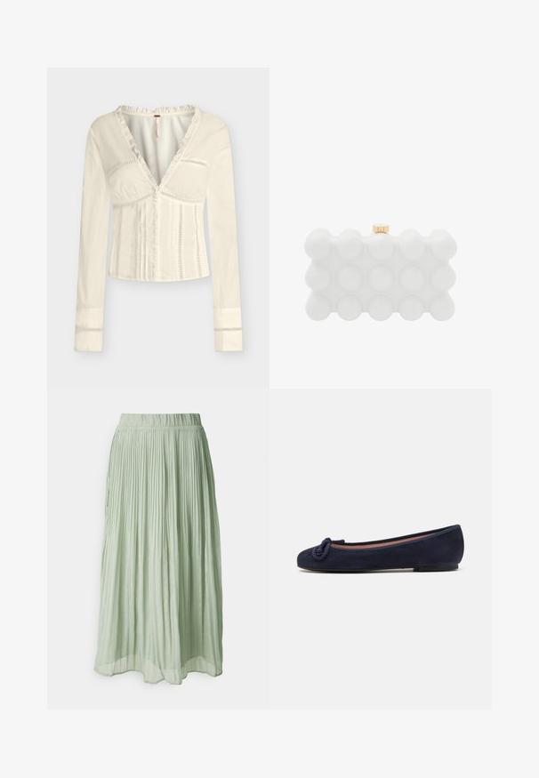 Roomwitte blouse met lange mouwen, diepe V-hals, fijne ruches langs de rand, verticale uitsnijdingen en een aangesloten taille.; Geplooide midi rok van lichtgroene stof met een zachte textuur. Elastische tailleband, vloeiende uitstraling en subtiele glans overal.; Marineblauwe suede ballerina met een ronde neus en een gestrikt accent op de neus. Lage, flexibele zool voor comfort. Eenvoudig en gestroomlijnd ontwerp.; Witte plastic clutch met een afgeronde bubble-achtige textuur, rechthoekige vorm en een gouden sluiting aan de bovenkant.