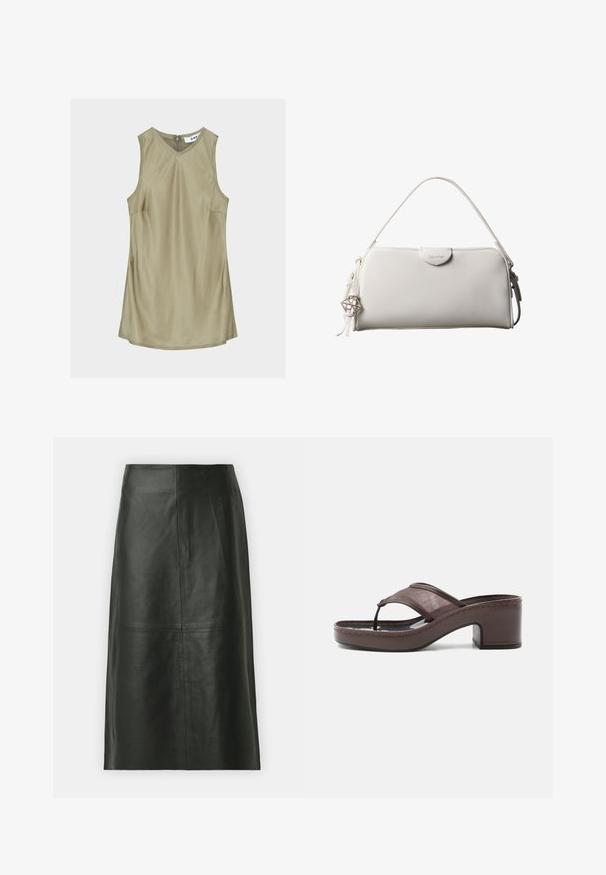 Robe sans manches vert olive à col en V avec coutures visibles et fermeture éclair au dos du cou, étiquette à l'intérieur indiquant "DAY."; Jupe midi en cuir noir avec une coupe droite. Texture lisse, coutures minimales et taille ajustée. Pas de poches visibles ni de détails supplémentaires.; Sandale marron à talon avec lanière en mesh et design en tige, dotée d'un talon bloc et d'une semelle cousue, présentée de profil sur fond blanc.; Sac à main rectangulaire blanc Calvin Klein avec une seule poignée, design minimaliste et pampilles décoratives avec un charm métallique géométrique sur le côté.