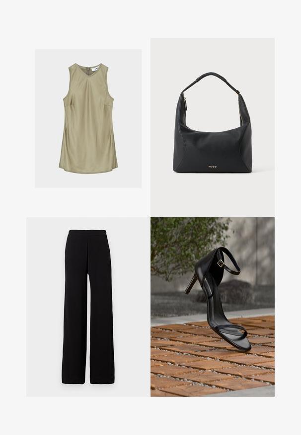Robe sans manches vert olive à col en V avec coutures visibles et fermeture éclair au dos du cou, étiquette à l'intérieur indiquant "DAY."; Pantalon noir à jambes larges en tissu doux avec une taille élastique, présentant un design épuré sans motifs ni accents visibles.; Sandale noire à talon haut avec sangle à la cheville, suspendue au-dessus d'un sol en carreaux de bois à l'extérieur, avec un arrière-plan flou de verdure et de pierre.; Sac à épaule en cuir noir avec anse tressée, détail de fermeture éclair dorée et petit logo "HUGO" doré au centre à l'avant.