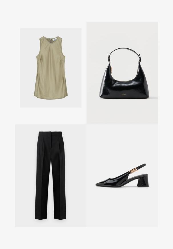 Robe sans manches vert olive à col en V avec coutures visibles et fermeture éclair au dos du cou, étiquette à l'intérieur indiquant "DAY."; Pantalon noir en tissu tissé, avec une coupe sur mesure, des plis, une jambe droite et un devant plat. Texture durable et lisse.; Bottines à talon en vernis noir avec un bout pointu et des accessoires dorés sur la bride, dotées d'un talon bloc. Texture lisse.; Sac à main Calvin Klein noir brillant avec fermeture éclair dorée et anse courte sur fond blanc uni.